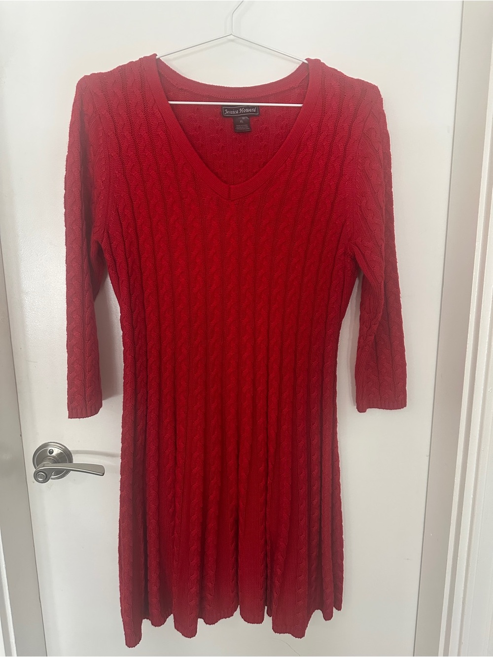Jessica Howard Red Cable-Knit V-Neck 3/4 Sleeve Sweater Dress